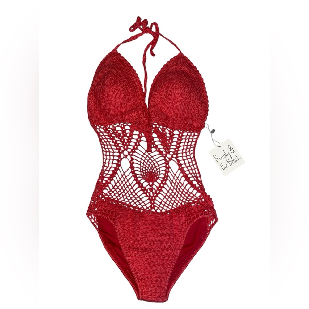 Red Crochet One-Piece Swimsuit